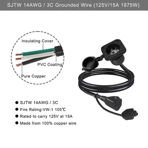 Entrada con brida de 15 amperios, 125V, 15A, cable de extensión de 2 vías, receptáculo de enchufes NEMA 5-15 RV con cubierta impermeable para conexiones eléctricas - Product Image 4