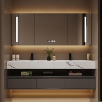 Meuble de salle de bain mural moderne personnalisé à trois tiroirs avec comptoir en pierre intégré, miroir LED et armoire en PVC