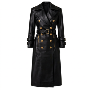 Manteau trench en cuir véritable noir, double boutonnage, manches longues, col à revers, avec ceinture et fermetures éclair - Product Image 1