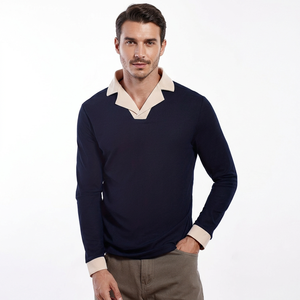 Men's <b>Navy</b> Long Sleeve for Shirt for Collar Cuffs Knitted Cotton Solid Smart Casual Style Anti-Wrinkle Quick Dry Front Logo - Product Image 1