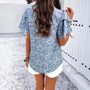Nueva Blusa Estampada para Mujer Estilo Europeo Americano, Elegante con Volantes, Manga Corta, Moda Casual para el Día a Día - Product Image 4