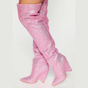 Bottes longues de luxe pour femme à talon original, ornées de strass - Product Image 4