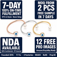 Meilleure Vente 2026 – Bracelet Jonc Ouvert Extensible en Acier Inoxydable Plaqué Or 18 carats avec Œil Bleu pour Femme – Vente en Gros