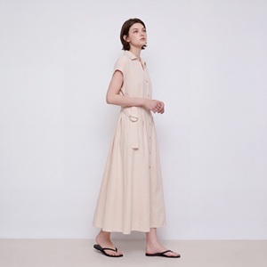 Ivory Linen Cotton Shirt <b>Dress</b> Belted Midi Casual Women <b>Dress</b> Sleeveless Collar Button Front Summer Wear - Product Image 4