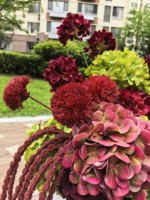 Arrangement floral bordeaux et vert, centre de table en fleurs, boule de fleurs artificielles en soie verte d'hortensia avec amarante suspendue
