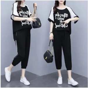 Plus Size Women's Two Piece Set Loose Fit Splicing Top And Capri Pants Casual Summer Outfit Black Polyester Knitted - Product Image 4