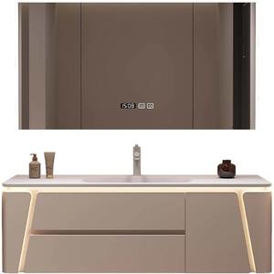 Meuble-lavabo mural moderne et minimaliste en PVC de grande capacité, couleur crème, avec lumières LED et vasques - Product Image 6