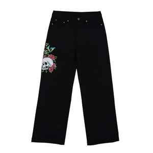 Pantalon en jean ample taille mi-haute brodé de fleurs rétro avec motifs crâne et rose, coupe large délavée pour le style Hip Hop Street - Product Image 6