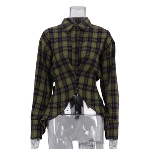Chemise à carreaux boutonnée à manches longues en polyester et coton avec ceinture au dos pour <span class=keywords><strong>femme</strong></span>, collection Printemps 2026, tendance mode - Product Image 4