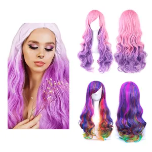 Women High Temperature Fiber Costume Wigs Pink Blue Synthetic Hair Wigs Ombre Colored Party Cosplay Wig