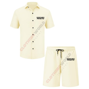 Men's Casual Summer Outerwear <b>Set</b> Breathable <b>Knitted</b> Weaving Solid Color Short-Sleeved Suit Collar Two-Piece - Product Image 4