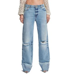 กางเกงยีนส์สีน้ำเงินขายดี ทรงบอยเฟรนด์ เอวกลาง แต่งรอยขาดที่เข่า สำหรับผู้หญิง - Product Image 2