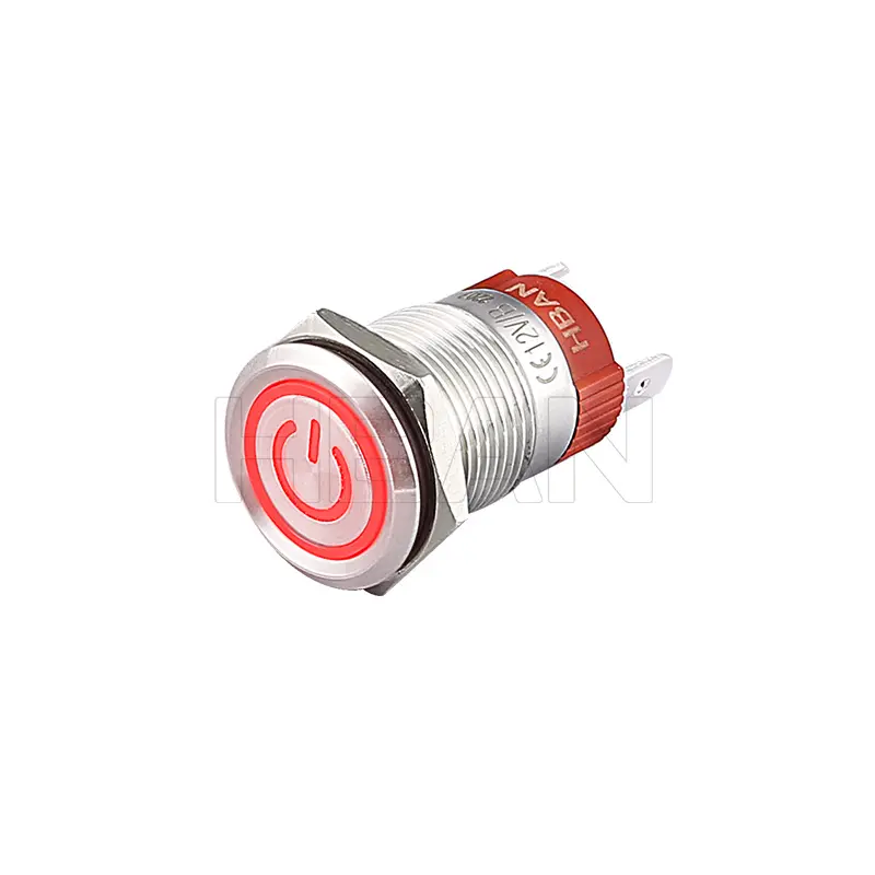 Anello in acciaio inossidabile e simbolo di alimentazione luce rossa 12v 10a pulsante on off ip67 interruttore led 16mm