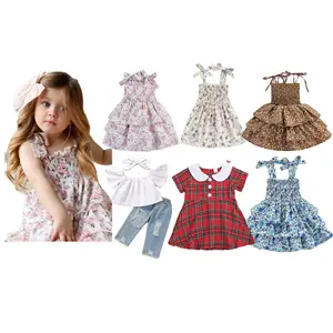 Puffy Girls Dresses Baby Girl Smocked Dresses Floral 100% Cotton Clothes Cheap Price Pleated Ruffled Sling Dress