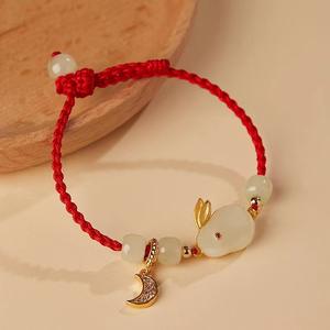 Bracelet en jade de Hetian avec lapin, porte-bonheur, cordon rouge tressé, sangle de transport, lapin, année du destin, pour femmes - Product Image 4