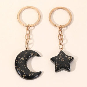 Hot Selling New Star Moon Couple Keychain Gold Powder Black Acrylic Pentagram Pendant Creative Glass Keychain Pendant Gift