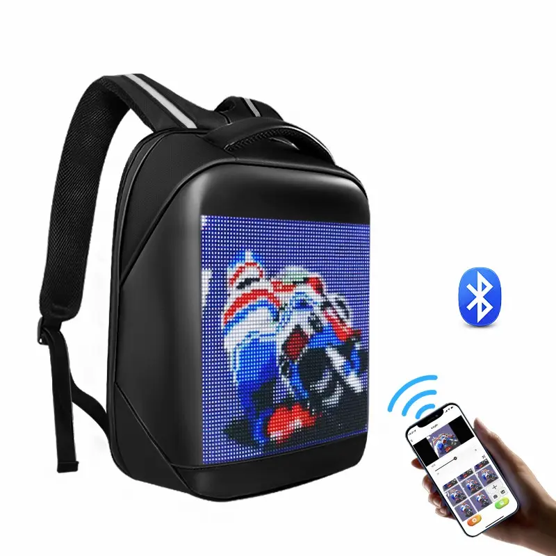 Pix tas sekolah warna LED, tas sekolah antiair, tampilan LED 64*64 titik, layar LED, RGB, kontrol aplikasi, tas Led, tampilan ransel