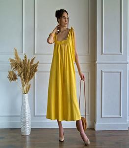Charming Bright Yellow Open Back Linen Sleeveless <b>Loose</b> <b>Fit</b> Maxi <b>Dress</b> With Wide Strap Cute Open Back Sundress for Cool Ladies - Product Image 2