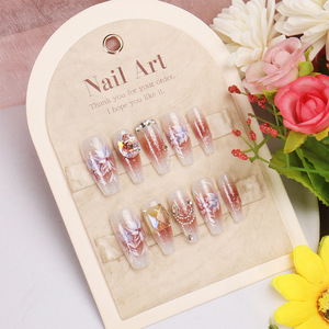 Ongles press-on haut de gamme œil-de-chat faits main, avec motifs floraux et strass, boîte de 30 pièces, prêts à poser - Product Image 2