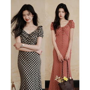 Stile cinese taglio diagonale cotone <span class=keywords><strong>lino</strong></span> a scacchi con scollo a V rosso a coda di pesce <span class=keywords><strong>abito</strong></span> lungo fino a terra per le donne naturale vita tinta tinta - Product Image 1