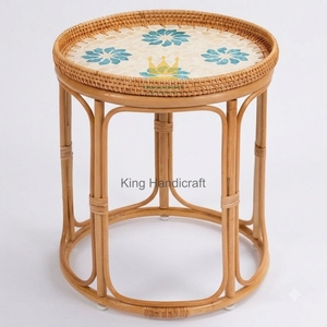 Unique Handicraft Cane Tea <b>Table</b> <b>Round</b> Shell Inlay Top Boho Style Bedside Living Room Corner <b>Coffee</b> <b>Table</b> <b>Cheap</b> Price - Product Image 3