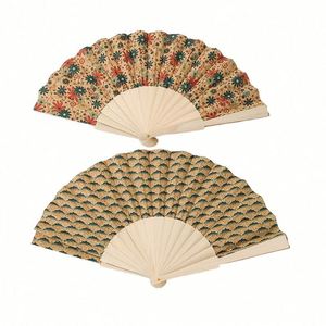 Customized Eco-Friendly Bamboo Folding <b>Hand</b> <b>Fan</b> Folk Art Style Carved Design Cork Printing Handheld Business Gift Craft - Product Image 1