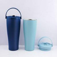 Gobelet isotherme sport en acier inoxydable à double paroi de 30 oz avec poignée portable et paille rabattable – Tasse à café sous vide