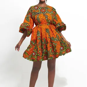 African Print Tiered Mini Dress Wax Cloth Fashion Long Sleeve Dress 100% Cotton African Women Belt Matching Dress