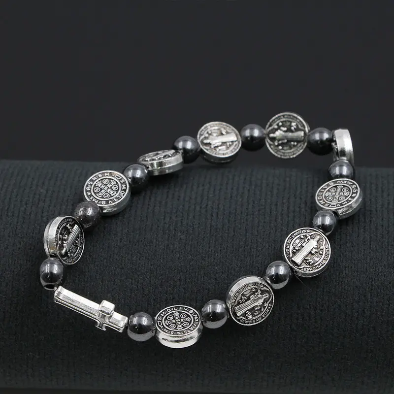 Katholisches Rosenkranz armband St. Benedikt Medaille Kreuz Gebets armbänder Hämatit perlen Religiöser Schmuck Zubehör