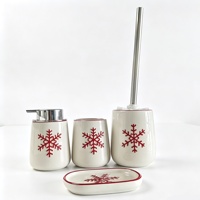 Ensemble d'accessoires de salle de bain en céramique rectangulaire à motif flocon de neige de Noël, 4 pièces : distributeur de savon, gobelet, porte-savon, porte-brosse de toilette