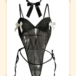 Combinaison sexy transparente avec accents roses en satin, lingerie féminine, costume de jeu de rôle - Product Image 3