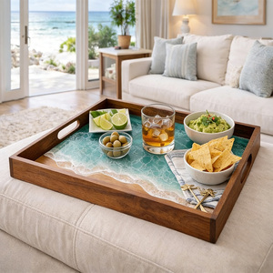 Vassoio da portata in legno con manici, vassoio per <span class=keywords><strong>cibo</strong></span> e colazione con tavolino, vassoio in resina a onda marina, logo personalizzato per nightclub - Product Image 3