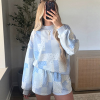 Ensemble de vêtements de détente pour femmes, bleu, patchwork, à carreaux, à rayures, 2 pièces, sweat-shirt à col rond à manches longues, short, tenue décontractée