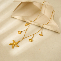 Collar de Estrella de la Serie Océano, Joyería Impermeable, Chapado en Oro de 18K, Cadena de Acero Inoxidable con Eslabones de Pez, Colgantes de Concha y Estrella de Mar