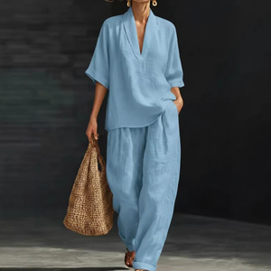 Dropshipping Shopify Plus Size Womens V Neck Short Sleeve Wide Leg Pants Casual Two <b>Piece</b> Tracksuit <b>Set</b> Summer - Product Image 5