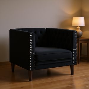 Black Chesterfield <b>Sofa</b> Chair Velvet Tufted Back Wood <b>Legs</b> Living Room Furniture - Product Image 2