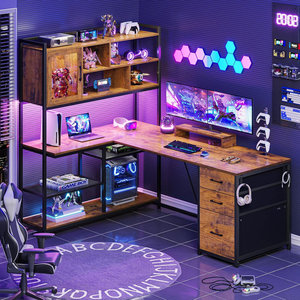 SENYU <b>L</b> <b>Shaped</b> Wooden Computer <b>Desk</b> With Bookshelf Storage Drawers Rustic Brown Office Workstation Corner <b>Desk</b> - Product Image 5