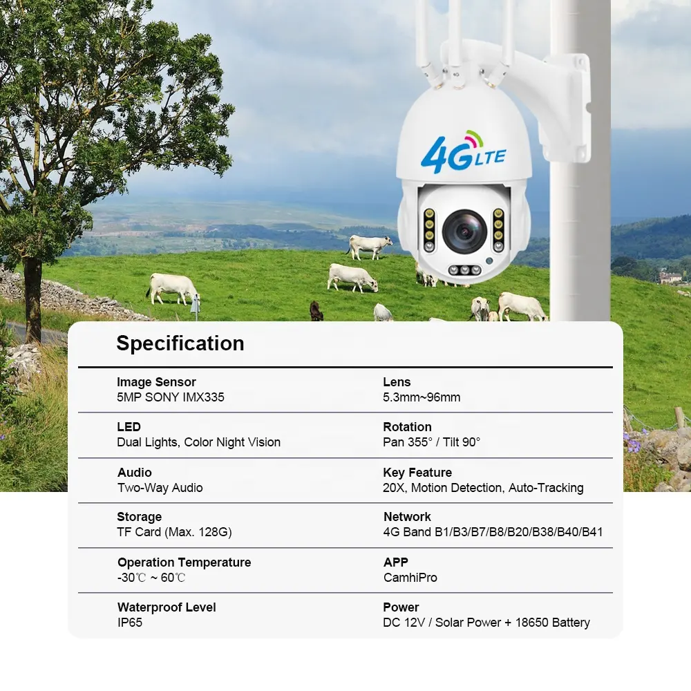 실내 실외 PTZ 솔라 카메라 4G 보안 카메라 SIM 카드 CMOS 센서 H.265 비디오 압축 메모리 카드 보관