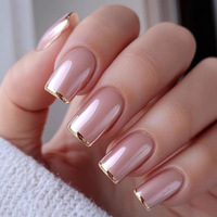 Uñas postizas de cobertura completa, color rosa nude, forma ataúd, finas, con lámina de oro metálica, estilo francés, lisas, hechas a mano.