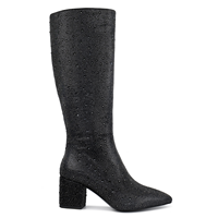 Bottes à talon épais à bout pointu WETKISS OEM pour femmes, bottes à cristaux scintillants, bottes noires à mollet large, bottes hautes pour soirée