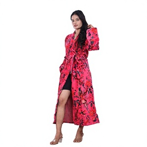 Robe Kimono en Velours Grande Taille Imprimé Oiseaux Roses pour Femme – Robe de Mariée Décontractée Écologique en Coton Velours pour Femme - Product Image 1