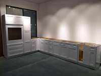 Meubles de cuisine modulaires Shaker gris clair en bois massif avec peinture UV et comptoir stratifié