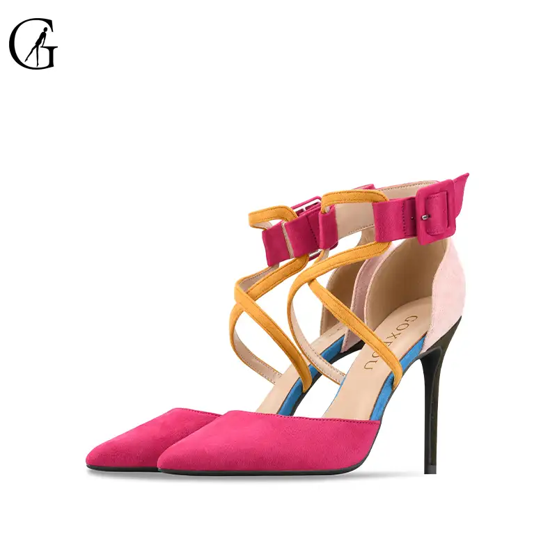 Goxeou נשים גבוהה עקבים משאבות רב צבע בלוקים זמש הבוהן מחודדת שמלת נעלי מסיבת חתונה Banqute כדור גדול גודל 32-46