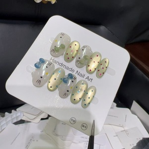 Faux ongles à presser faits à la main, motif chat KT <span class=keywords><strong>bleu</strong></span>-<span class=keywords><strong>vert</strong></span>, style français, nœud 3D, couverture complète avec colle, art des ongles mignon et dessin animé - Product Image 2