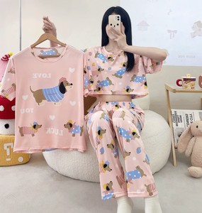 Kadın 3 In1 pijama 2 kısa kollu üst t-shirt 1 pantolon 3 adet Set pijama kore yumuşak ev kıyafeti karikatürler Baju Tidur - Product Image 4
