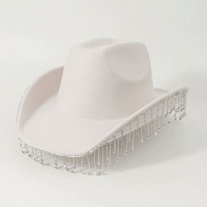Sombrero de Lujo para Boda, Fiesta de Mardi Gras, Sombrero de Vaquero Occidental, Sombrero de Jazz con Borlas de Diamantes de Imitación, Sombrero de Vaquero Blanco - Product Image 1