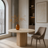 Table à manger 4 places en marbre travertin naturel, base en placage de chêne, style moderne minimaliste, pour hôtel, mobilier de salle à manger, personnalisable