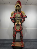 Vestes et Manteaux de Guerrier Chinois Ancien avec Chaîne Dorée, Costume de Guerrier Rouge et Noir, Plume Rouge, Casque Doré, Visage Historique