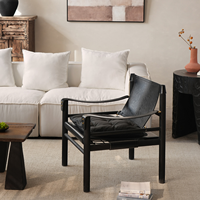 Fauteuil lounge en cuir pleine fleur style Mid-Century Modern, chaise de chasse scandinave, fauteuil d'appoint en bois de frêne massif pour hôtel et café