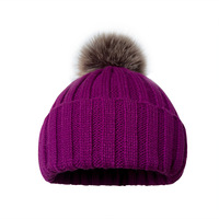 Bonnet en tricot à pompon pour femme, bonnet en acrylique épais et chaud à revers doublé polaire, couleur unie, mode automne-hiver